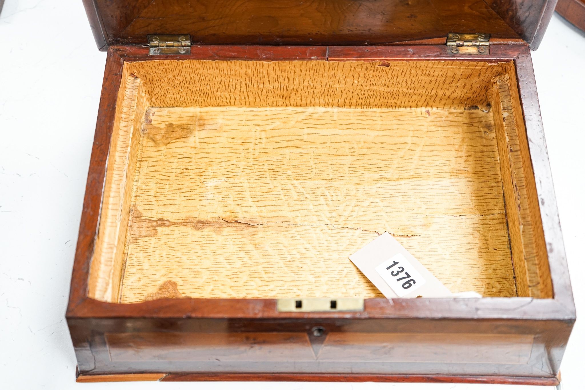 A Victorian inlaid yew box and Victorian mahogany writing slope, 39.5 cm